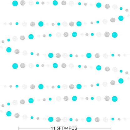 Teal Blue Silver White Party Polka Dot Garland Banner Aqua Turquoise Glitter Silver White Hanging Paper Circle Dots Streamer for Birthday Baby Shower Wedding Bridal Shower Party Decorations Supplies