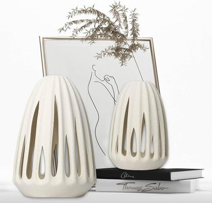 Ceramic Vase - Set of 2 for Home Decor,White Hollow-Out Design Vases Minimalist Nordic Boho Style for Modern Farmhouse Decor, Living Room、 Kitchen、Mantle、Bedroom、Dining Table、Office