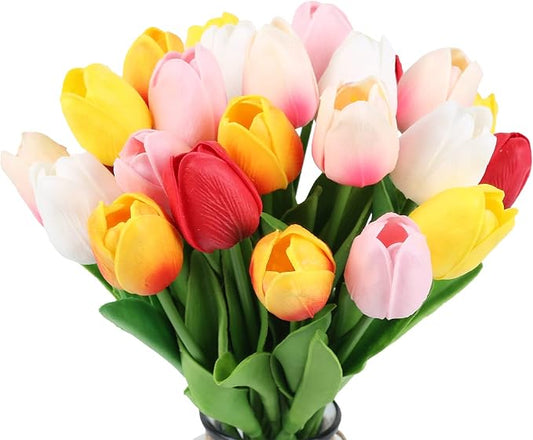 IPOPU 24PCS Real Touch Tulips Artificial Flowers for Decoration Fake Tulips Fake Flowers Floral Arrangements Artificial Faux Tulips Decor for Table Home Decor Baby Shower Centerpieces (Multi)