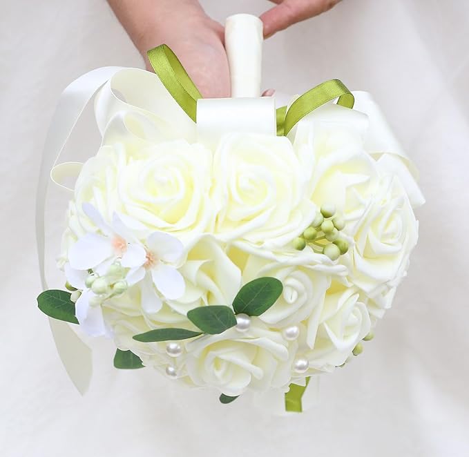 Lightweight Bridal Wedding Bouquet Round Holding Bouquet Throw Toss Artificial Rose Flower Bunch for Bride Bridesmaid Wedding Quinceanera (Cream, 7.9")
