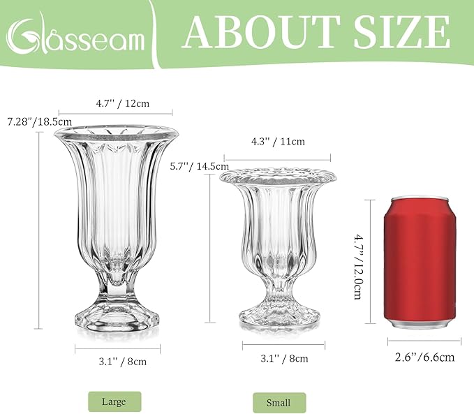 Glasseam Crystal Vases for Flowers, 7.5in Tall Vase Set of 6, Clear Glass Compote Vases and Ribbed Pedestal Bowls for Living Room Decorations Dining Table Home Decor