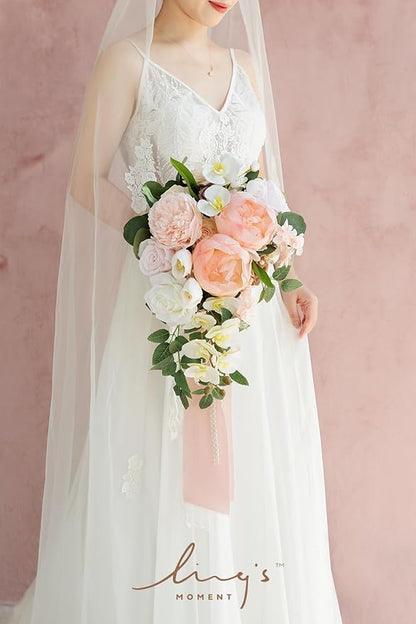 Ling's moment Blush Bridal Bouquet Cascading, Pink Wedding Bouquets for Bride, 13 Inch Bride Bouquets for Wedding Artificial Flowers Bouquets