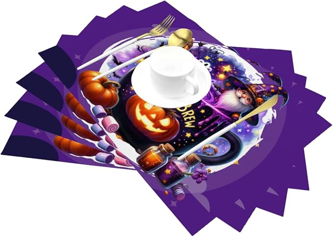 PVC Placemats Set of 4 Wipeable Table Mats Washable Heat Resistant Non Slip Vinyl Dining Table Mat for Kitchen Indoor Outdoor Patio Farmhouse Place Mats Purple Halloween Magic Cauldron Decorative
