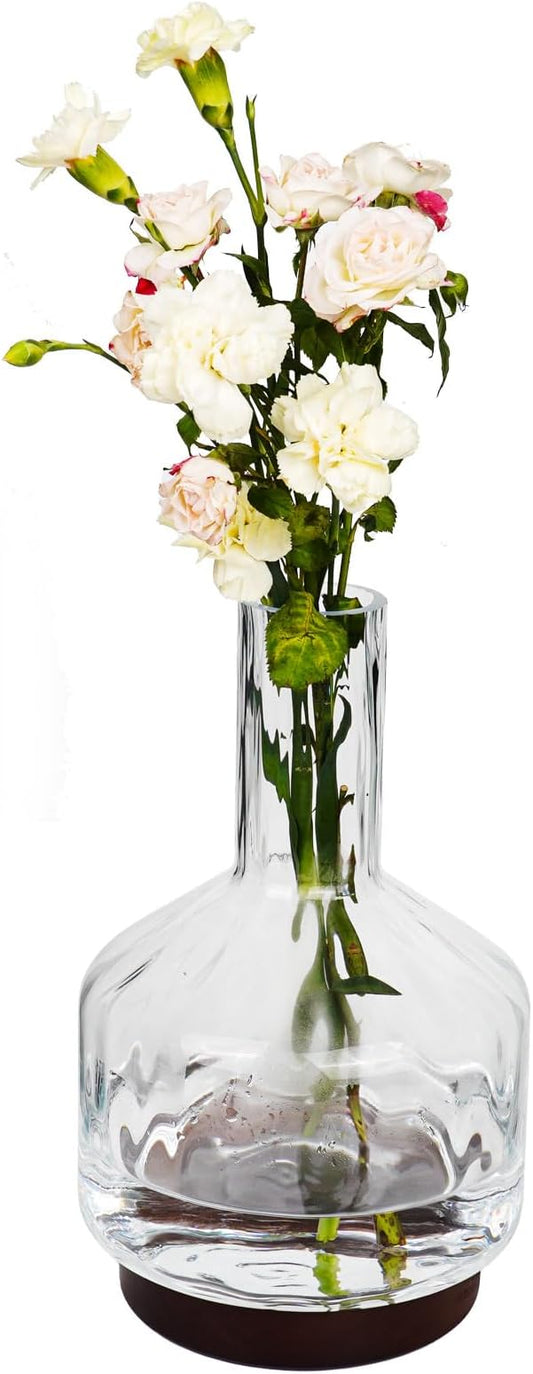 Decorative Glass Vase with Wooden Base, Modern Design for Fresh Flowers, Home and Office Decor