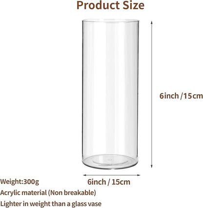 Clear Flower Vase, Non-breakable Vases, 6" W x 6" H, Acrylic Vase, Aesthetic Room Decor Cylindrical Modern Flower Vases for Table Centerpiece, Home Decor, Women Floral Arrangement Gift