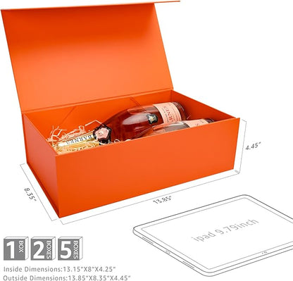 LIFELUM Christmas Gift Boxes 13.85 x 8.35 x 4.45 inch 5 Pack Gift Boxes with Lids Contains Card, Ribbon, Shredded Paper Filler (Orange)