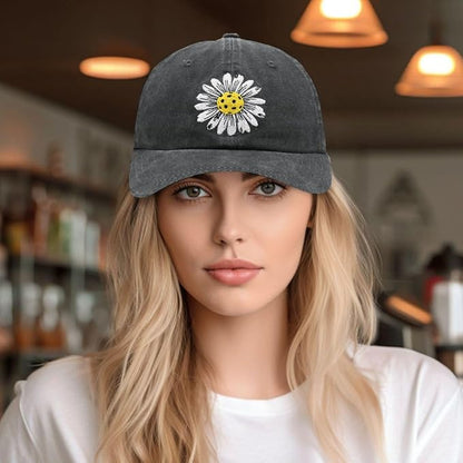Waldeal Pickleball Hat for Women, Ajustable Embroidered Daisy Washed Denim Baseball Cap