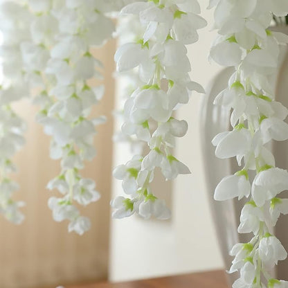 Dailisen 3 Strands 40'' Silk White Wisteria Artificial Flowers, Fake Wisteria Floral Hanging Plant Garland, for Home Decor, Party, Floor Vase, Balcony, Wedding Arrangement Decoration (White)