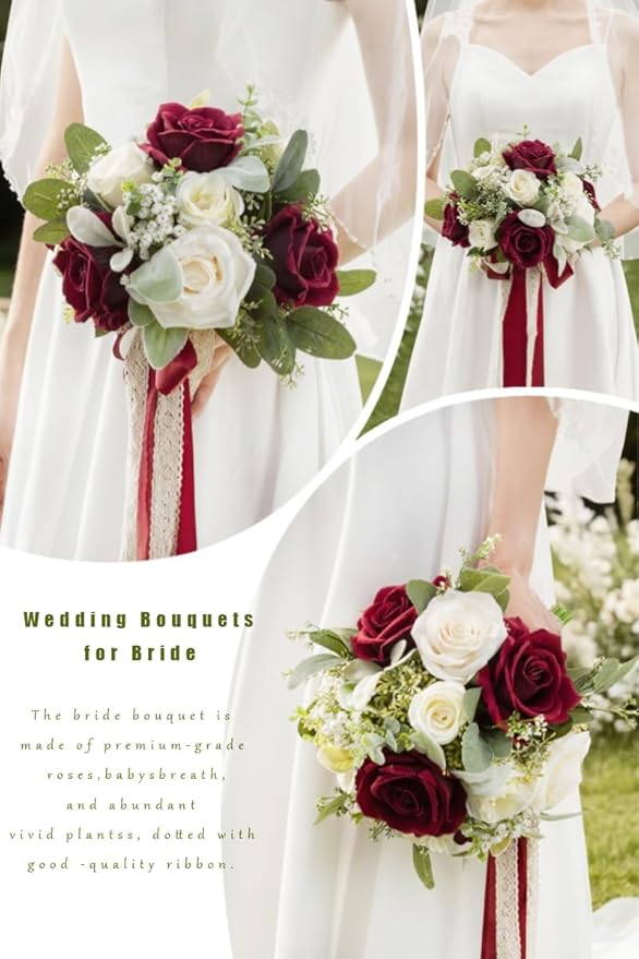 Burgundy & White Wedding Bouquets for Bride Bridesmaids, Bridal Bouquet for Wedding Silk Artificial Flowers