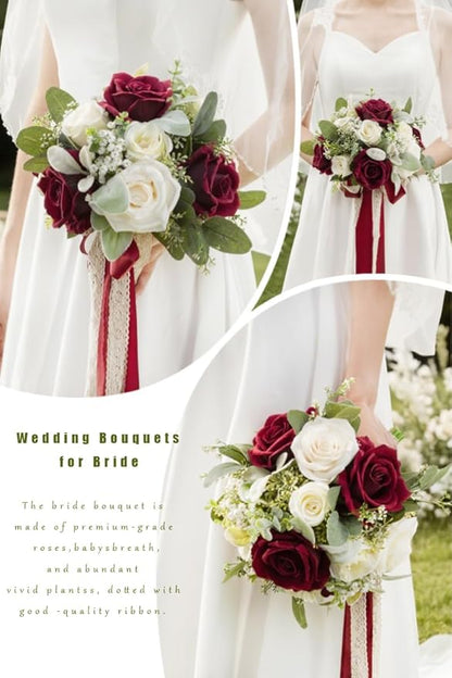 Burgundy & White Wedding Bouquets for Bride Bridesmaids, Bridal Bouquet for Wedding Silk Artificial Flowers
