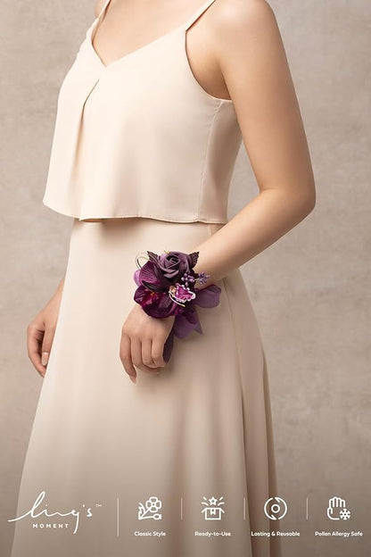 Ling's moment 6pcs Wedding Wrist Corsage Artificial Flowers, Girl/Mother Homecoming Prom Corsages Wristlet Décor, etc. Deep Purple