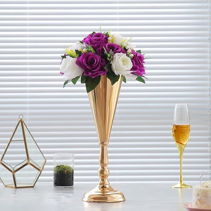 2 Pcs Tabletop Decoration Centerpiece, 14.4in Metal Wedding Flowers Small Gold Vase, Christmas Anniversary Birthday Party Home Decoration Flower Arrangement