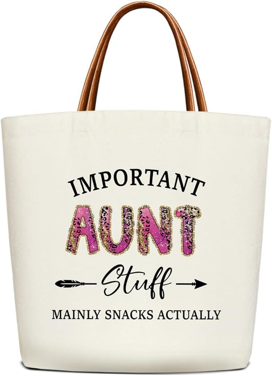Canvas Tote Bag for Women, Important Stuff Bag with Leather Handle, Reusable Grocery Bags for Shopping Beach Travel