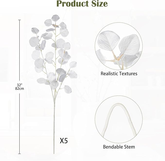 DILATATA Faux White Eucalyptus Stems – 32” Artificial Willow Leaves, 5 Pcs Long White Eucalyptus Branches for DIY Bouquets, Centerpieces, Shower & Wedding Decorations