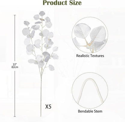 DILATATA Faux White Eucalyptus Stems – 32” Artificial Willow Leaves, 5 Pcs Long White Eucalyptus Branches for DIY Bouquets, Centerpieces, Shower & Wedding Decorations