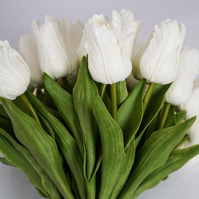 Melorca&Guilla Artificial Flowers,24Pcs 13.5inch White Tulips Fake Flowers,Real Touch Faux Flowers,Spring Décor Fake Tulips for Wedding Kitchen Shop Office Home Décor (24, White Tulip)