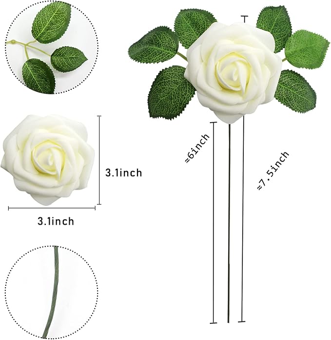 Artificial Roses Flowers 50pcs Real Looking Foam Fake Roses with Stems for DIY Wedding Bouquets Bridal Shower Centerpieces Party Decorations (50, Milk White)