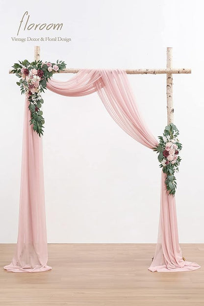Floroom Arch Flowers with Drapes Kit (Pack of 4) - 2pcs Artificial Dusty Rose & Burgundy Floral Swag Arrangement with 2pcs Draping Fabric for Wedding Ceremony Arbor and Reception Backdrop Decoration