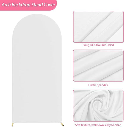 Putros 6ft Metal Arch Stand with Cover White Spandex Fitted Wedding Arch Cover and Round Top Chiara Backdrop Set for Birthday Party Baby Shower Decoration
