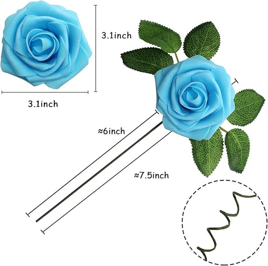JOYLEX Artificial Flowers Realistic Roses, 25pcs Light Blue Real Looking Fake Roses with Stem for DIY Wedding Bouquets Centerpieces Bridal Shower Party Home Romantic Decorations (25pcs, Light Blue)