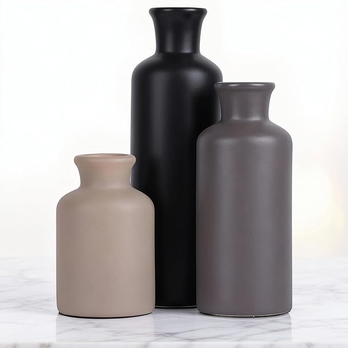 Ceramic Vase Set of 3 – Modern Neutral Vases for Home Decor, Rustic Farmhouse Pottery Vases for Pampas Grass, Dried Flowers, Centerpiece Table Decor, Living Room, Kitchen, Bedroom, Bathroom