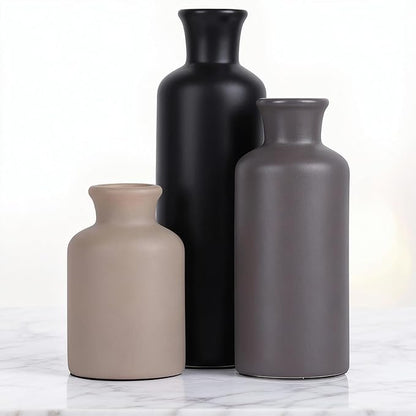 Ceramic Vase Set of 3 – Modern Neutral Vases for Home Decor, Rustic Farmhouse Pottery Vases for Pampas Grass, Dried Flowers, Centerpiece Table Decor, Living Room, Kitchen, Bedroom, Bathroom