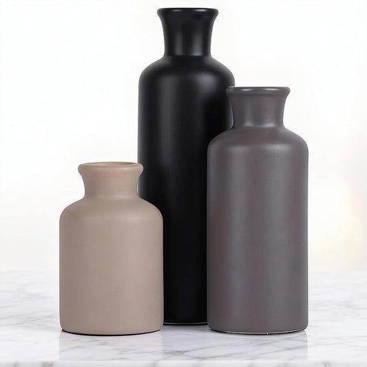 Ceramic Vase Set of 3 – Modern Neutral Vases for Home Decor, Rustic Farmhouse Pottery Vases for Pampas Grass, Dried Flowers, Centerpiece Table Decor, Living Room, Kitchen, Bedroom, Bathroom