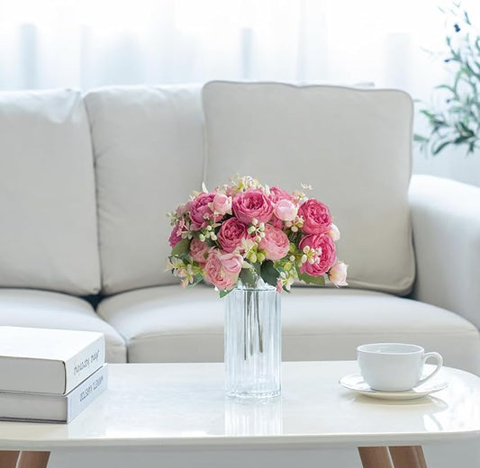 Mkono Peonies Artificial Flowers, Small Silk Flowers for Home Decor Indoor Fake Bouquet Faux Floral Arrangements Dining Table Centerpieces for Kitchen Bridal Wedding Party Decor Mixed Pink