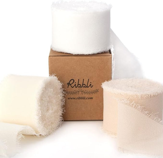 Ribbli Chiffon Ribbon - 1.5 inch x 30 Yard Handmade Silk, White/Ivory/Nude Fringe Chiffon for Wedding Invitations, Gift Wrapping, Bridal Bouquets, Flower Arrangement Decoration