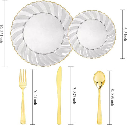 YOUBET 125PCS Clear Black Plastic Plates - Black and Gold Disposable Plates Include 50 Plate, 75 Gold Silverware for Wedding & Party & Birthday New Year