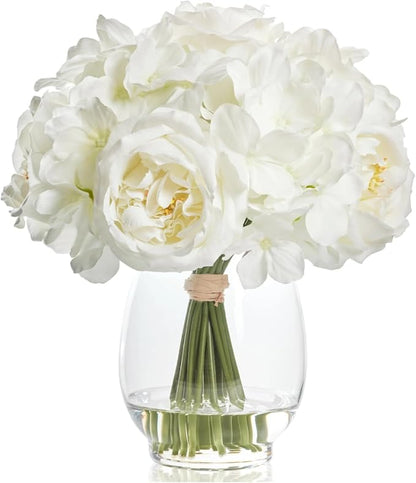 WELL KNOWN White Peonies Artificial Flowers with Hydrangea in Glass Vase with Fake Water, Fake Austin Rose Bouquet with Vase for Home Hotel Office Wedding Party Decor as Table Centerpieces & Gift