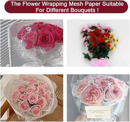 3PCS Flower Wrapping Mesh Paper，SEILETOO 4.37 Yards Pearl Edge Bouquet Packaging Paper for Party Favor Decor, Florist Supplies Wedding Gift Packaging