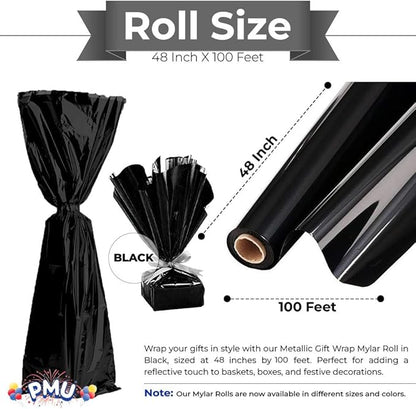 PMU Gift Wrap Mylar Roll Metallic Black 2-sided, 48 Inches X 100 Ft Roll 1.4 Mil Highly Reflective Mylar Film, Great for Gifts, Birthdays, Christmas, Baskets, Arts & Crafts