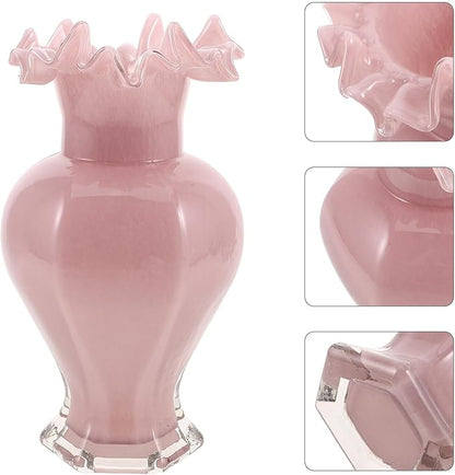 Luxshiny Handblown Glass Vase with Pearlescent Finish Artistic Ripple Mouth Design Sturdy Glass Hydroponic Flower Vase for Home Decoration Living Office Centerpiece Wedding Table Decor in