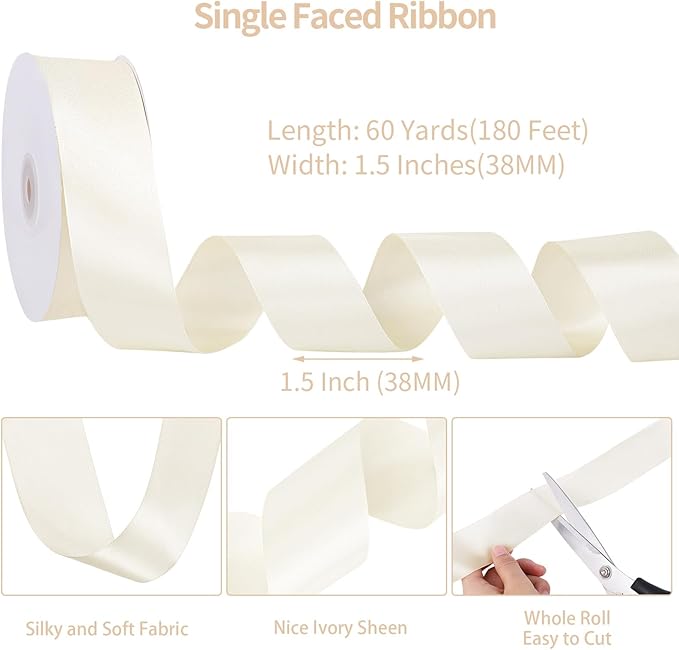 Ivory Satin Ribbon 1 1/2 Inch 60 Yards Cream Ribbon for Wedding Gift Wrapping Hair Bows Crafts Home Decor Flower Bouquet Christmas Decorations