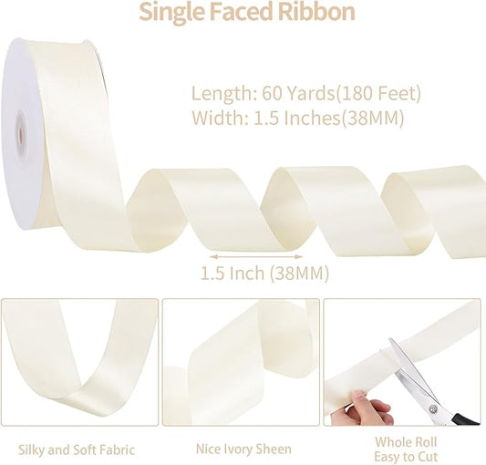Ivory Satin Ribbon 1 1/2 Inch 60 Yards Cream Ribbon for Wedding Gift Wrapping Hair Bows Crafts Home Decor Flower Bouquet Christmas Decorations