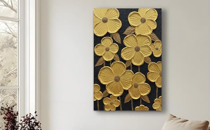 moshinart 24 x 36in Hand-Painted Oil Painting 3D Texture Black White Grey Modern Minimalist Black Abstract Wall Art, Home Office Wall Decoration Gold Petal