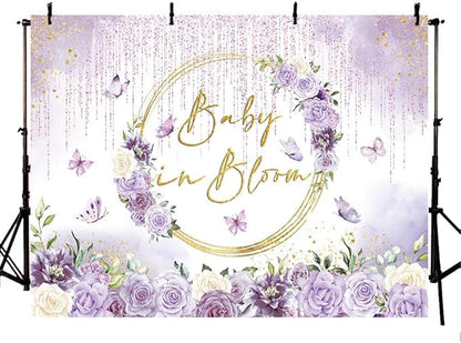 MEHOFOND Baby in Bloom Baby Shower Backdrop Purple Floral Butterfly Baby Shower Party Decorations Baby Girl's Watercolor Floral Glitter Drops Decorations Supplies Banner Photo Booth Studio Props