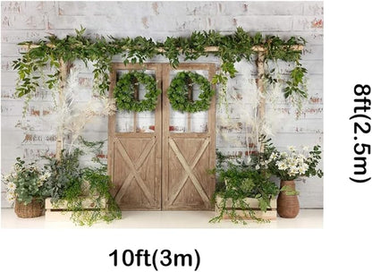 Kate Rustic White Painted Brick Wall Wood Door Photography Backdrops 10x8ft Spring Green Grass and Flowers Photo Backgrounds Baby Shower Backdrop Photoshoot Props