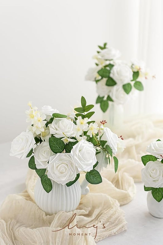 Ling’s Moment Artificial Flowers 25Pcs Glowing White Roses Decor w/Stems,3" Real Touch DIY Foam Floral for Wedding Bouquet/Centerpieces, Outdoors Party Backdrop, Room/Table, and Garden/Pot Decorations