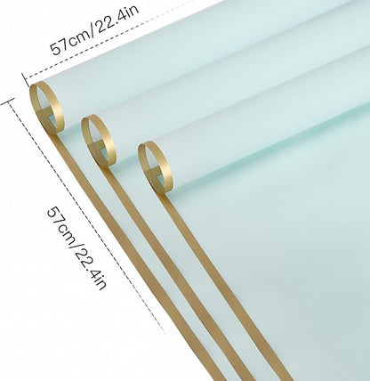 WRAPAHOLIC 20 Sheets Flower Wrapping Paper - 22.4 x 22.4 inch Gold Trim Light Blue Water-Resistant Floral Bouquet Wrapping Paper, Florist Supplies Packaging Paper for Wedding Birthday Gift DIY
