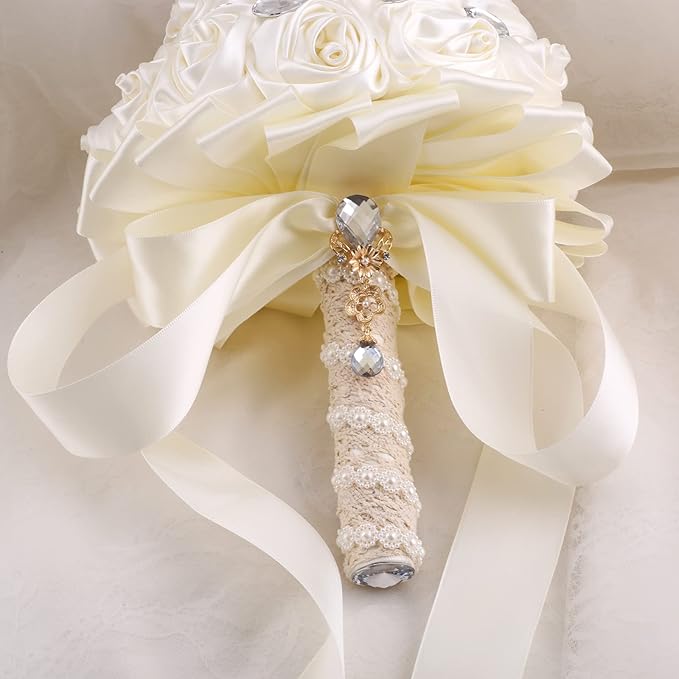 Handmade Brooch Wedding Flowers Bridal Bouquets Crystal Bride Holding Bouquet White Ivory Satin Roses with Diamond Pearl Ribbon (Luxury-Glod)