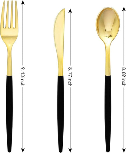 Supernal 102pcs Gold Plastic Silverware, Golden Cutlery with Black Handle, Disposable Flatware Collection, Includes 34 Plastic Forks and Spoons and Knives Ideal for Weddings, Parties, and Birthdays