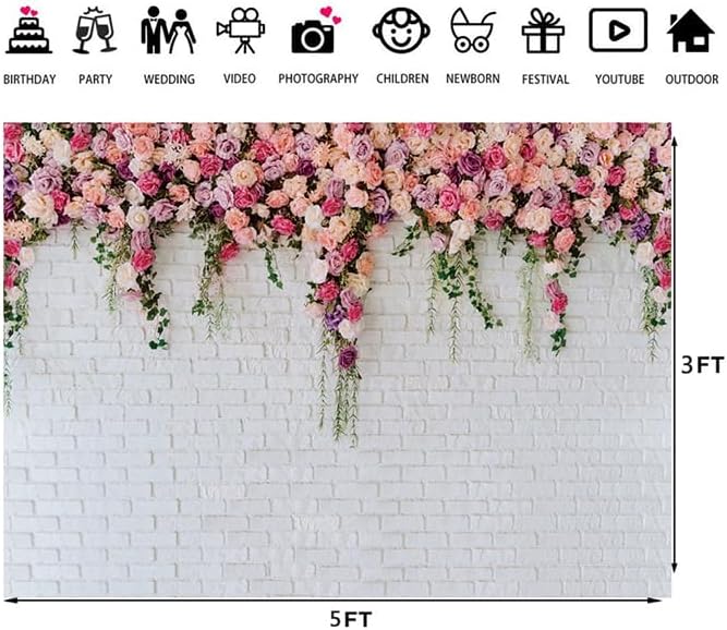 LTLYH 5x3ft White Brick Wall Floral Backdrop with Hanging Flowers – Spring Garden Photo Backdrop for Bridal Shower, Baby Shower, Birthday Party, Wedding Photography Decoration 134