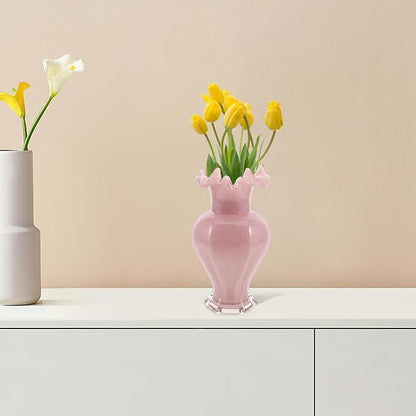 PRETYZOOM Artistic Ripple Edge Glass Flower Vase Handblown Decorative Floral Container for Home Table Office Wedding Centerpiece Pink Unique Artistic Accent Multipurpose Use