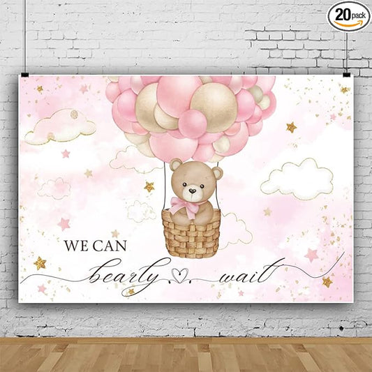 ChloropLastid We Can Bearly Wait Baby Photo Backdrop 8x6ft Pink Hot Air Balloon Bear Background for Baby Balloons Clouds Stars Girl Baby Shower Newborn Party Cake Photo Decoration
