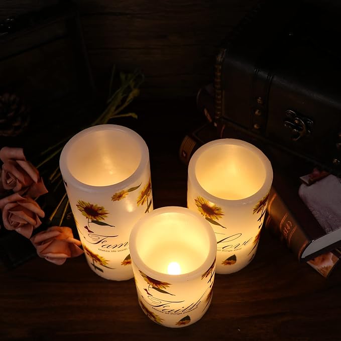 DRomance Sunflower Flameless Flickering Candles with 6H Timer, Set of 3 Battery Operated White Real Wax LED Pillar Candles Party Dinner Holiday Decor(3 x 4,5,6 Inches)