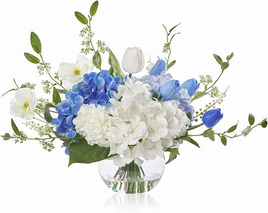 WELL KNOWN Artificial Flowers with Vase, Silk Hydrangea Bouquet and Peonies Artificial Flowers Table Centerpieces with Faux Water for Home Decor Fake Tulips Flower Arrangements for Table Decor (Blue)