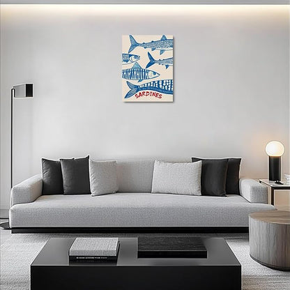 Vintage Fish Sardine Decor Beach House Wall Decor Canvas Wall Art Framed Art Prints Artwork Posters for Home Living Room Kitchen Dining Room Office Wall Decorations Paintings Pictures 11.5X14.5 Inch