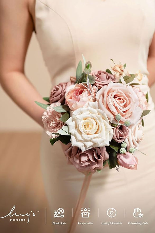 Ling's moment Champagne Gold Bridesmaid Bouquet Set of 4, Gold & Cream Wedding Bouquets for Bridesmaids, Sand Dun 7 Inch Bridal Bouquets for Bridesmaids, Wedding, Ceremony, Anniversary, etc.